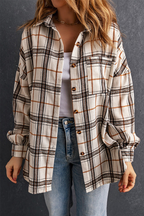 White Oversized Plaid Pattern Shacket With Slits